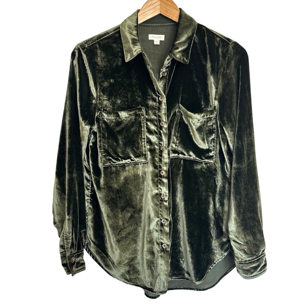 Anthropologie Pilcro Hadley Velvet Blouse Shirt - XS - Olive Green Long Sleeve